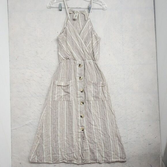 Indigo Rein Dress Womens Small Beige Striped Linen Pockets Button Skirt Sundress - Picture 1 of 12